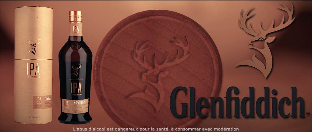 Capture d’écran d’une fausse publicité Glenfiddich avec slogan humoristique et bouteille stylisée