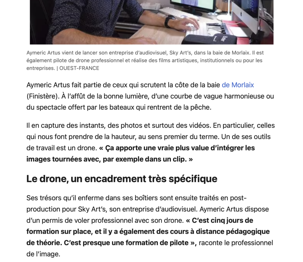 Article Ouest-France présentant la société Sky Art’s Production à Morlaix