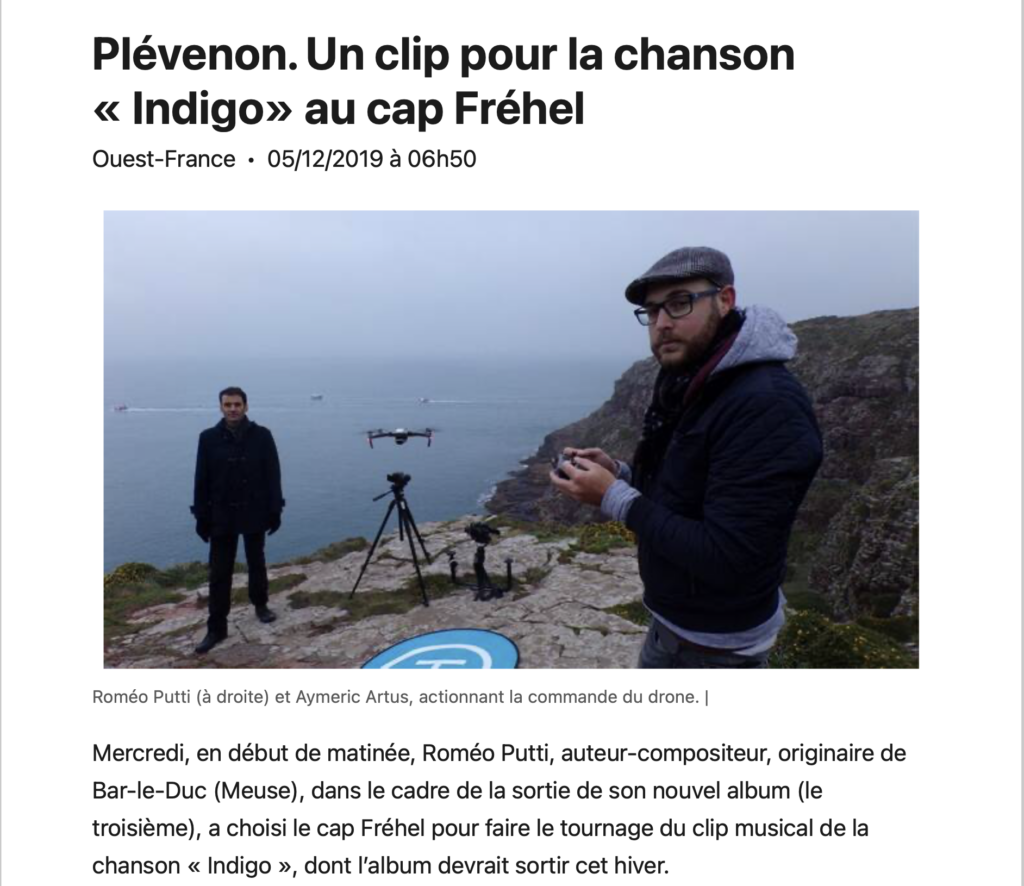 Article Ouest France Tournage d’un clip vidéo au Cap Fréhel avec vue sur la côte bretonne